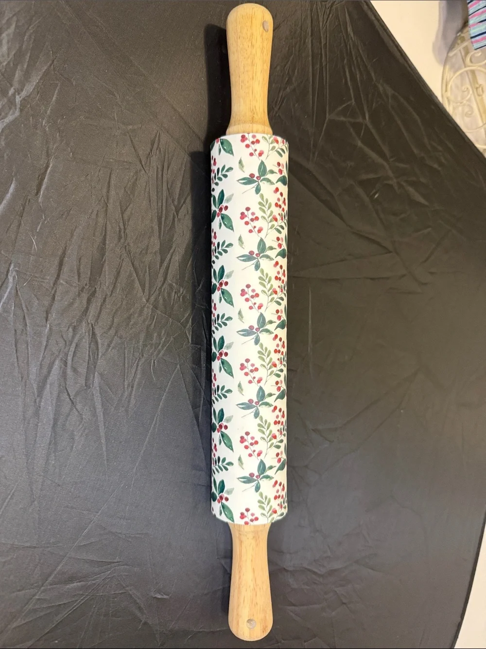 Wood Handle Rolling Pin - White with Green & Red Berry Pattern Xmas vibe decor